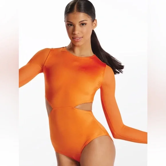 Balera orange long-sleeve dance gymnastics leotard side cutouts youth medium - Picture 1 of 3